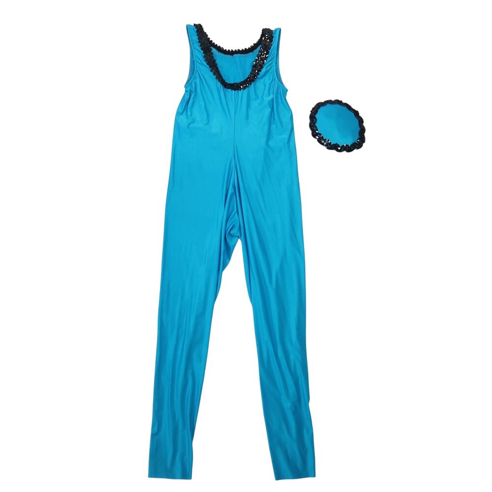 Vintage 90s Aqua Blue Dance Unitard Jumpsuit Costume Black Sequin Trim Small